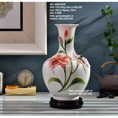 BÌNH THỦ CÔNG HOA LY ĐẮP NỔI